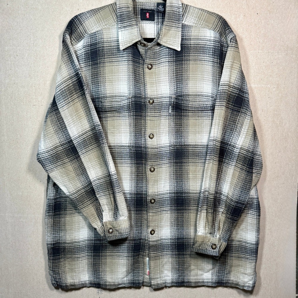 Levi's‎ Men's Plaid Flannel Shirt Beige Black Button Up Long Sleeve L